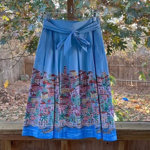 Talbots Women's Blue Poplin Pleated Midi Skirt Scenic Riviera Print Size 6 - Picture 3 of 10